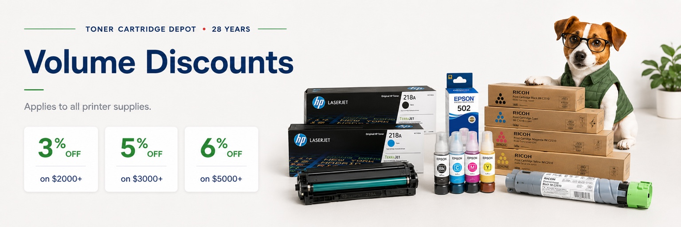 Volume Discounts. Applies to all printer supplies. 3 percent off on 2000 dollars or more, 5 percent off on 3000 dollars or more, 6 percent off on 5000 dollars or more.